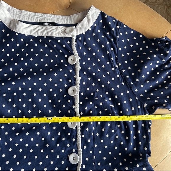 Unique Vintage 1950s Retro Plus Size Polkadot Button Blue Swing Dress, 3X / 20 - Picture 8 of 11